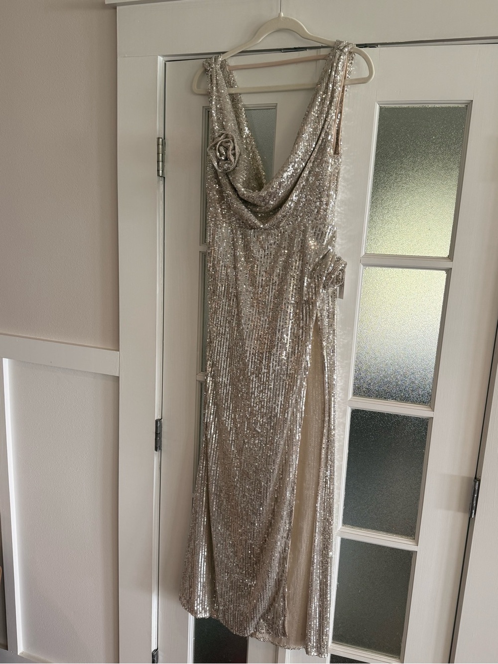 For Love & Lemons Sequin Cowl Neck Evening Gown in Champagne